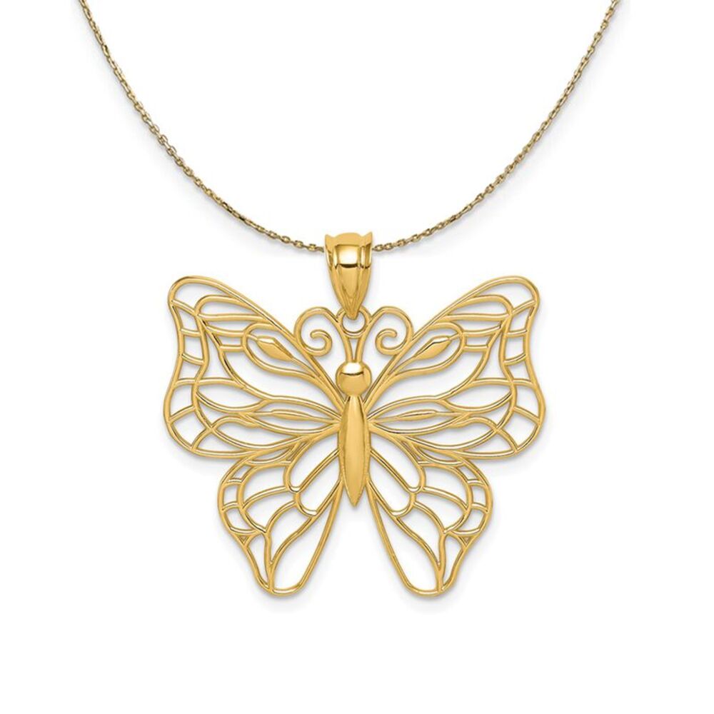 14k Yellow Gold Large Open Butterfly Necklace - 24 Inch